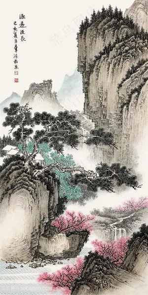 王军河传统山水作品《源远流长》古松树河流 王军河传统山水作品《源远流长》古松树河流