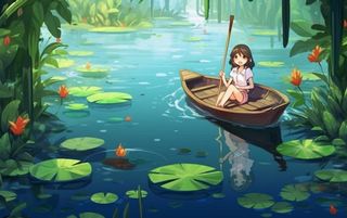 湖泊划船女孩山水风景背景