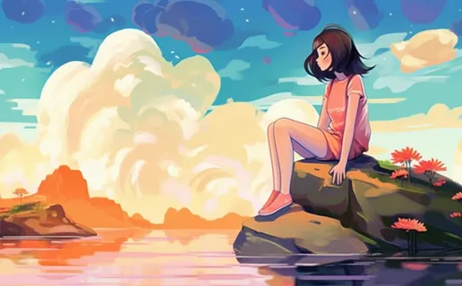 绚丽天空女孩坐着石头上漫画风背景