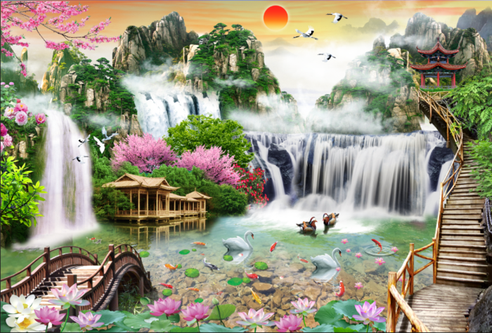 流水生财荷花木桥天鹅背景