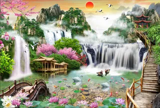 流水生财荷花木桥天鹅背景