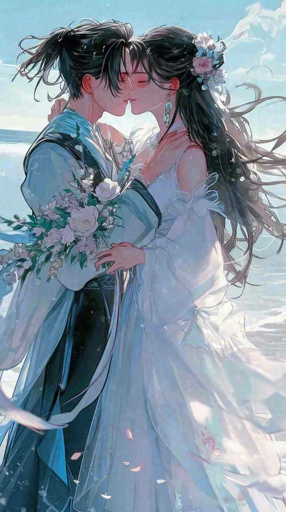 海边阳光沙滩情侣婚纱照爱情甜蜜情人节手绘插画(816x1456)
