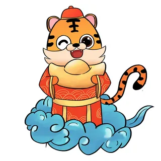 2022虎年吉祥物卡通公仔小老虎形象设计福字元素手绘插画psd素材