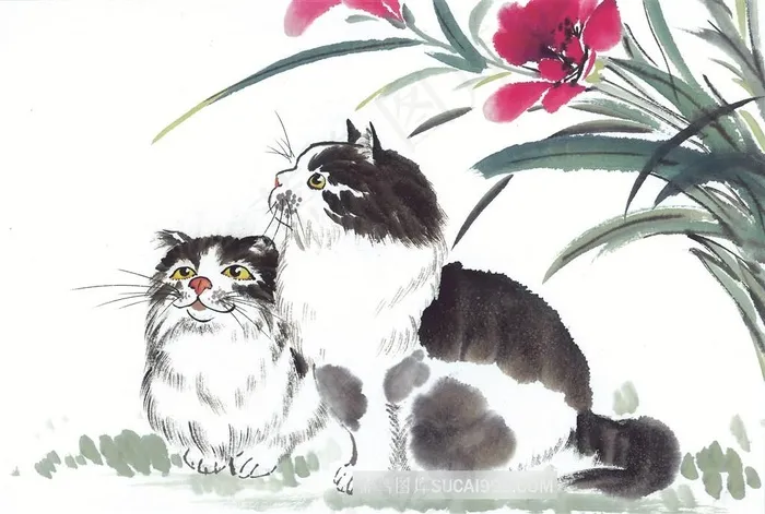 水墨猫中国画图片素材
