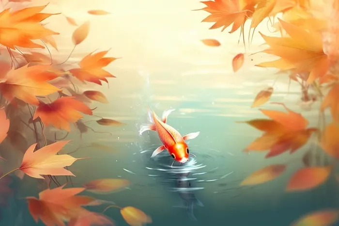 简约银杏叶金鱼简约秋叶背景(1344x896)