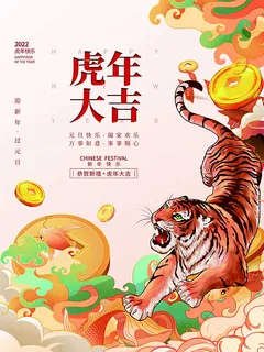 虎年新年海报展板psd模板红色喜庆插画