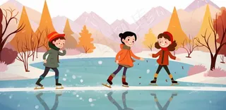 冬季在冰湖上滑冰的孩子儿童卡通插画背景