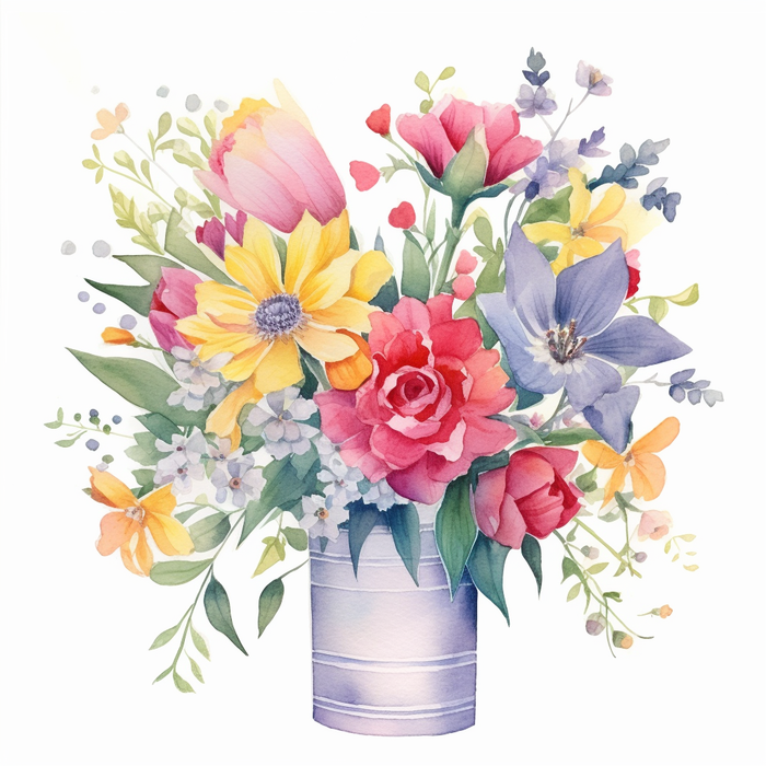 铁桶装的花束鲜花彩色水彩画插画(3072x3072)
