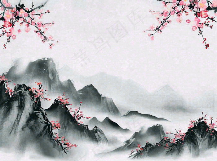 中国风水墨山水画，山脉枝叶花朵手绘插画