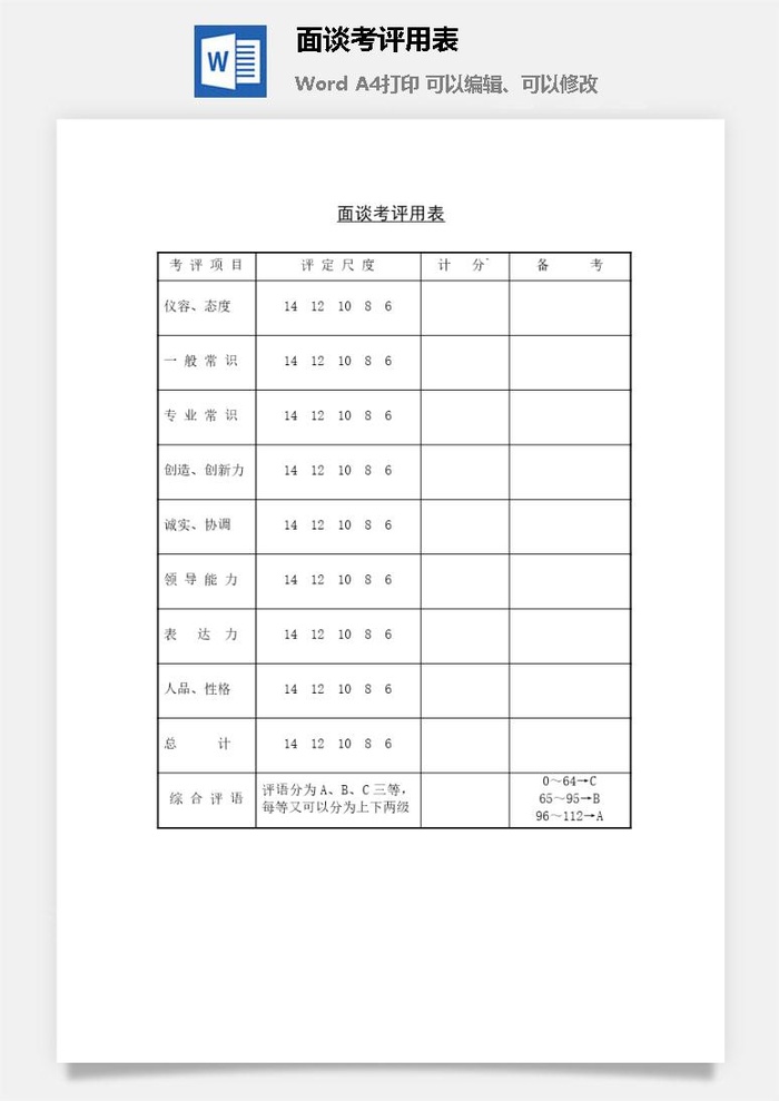 面谈考评用表word模板