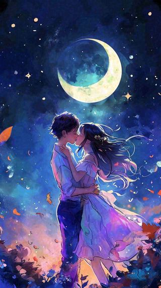 月光下情侣拥抱亲吻爱情情人节，浪漫温馨夜晚月亮