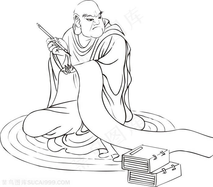 奋笔疾书的僧人手绘线描108罗汉矢量PNG绘画图片