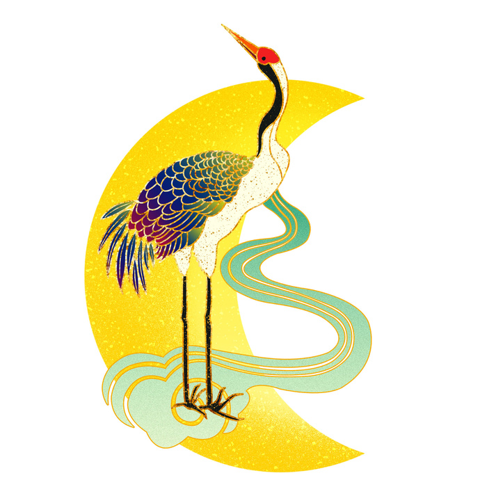 中国风国潮仙鹤山水插画手绘元素场景PSD设计素材