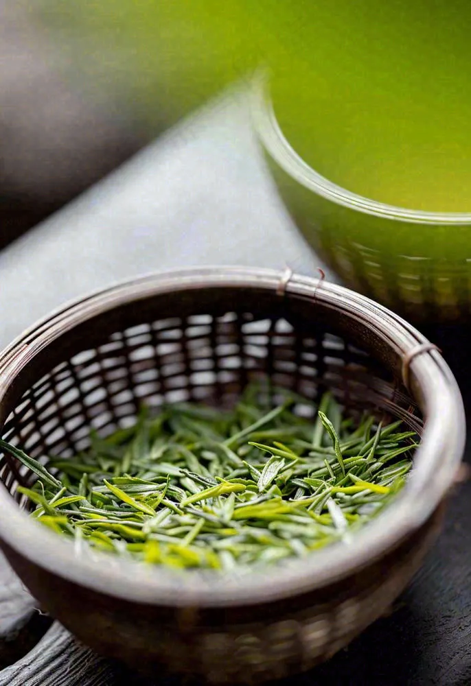 中国风，茶盆里的龙井绿茶茶叶摄影(912x1328)