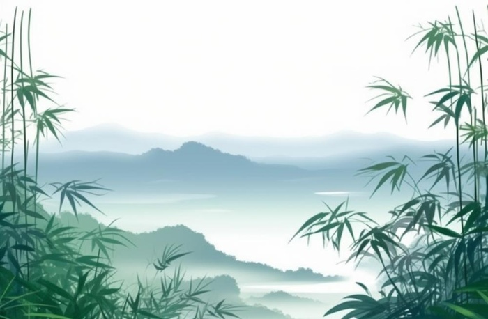 中国山水竹子水墨画绿色背景(1344x880)