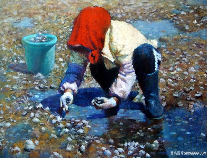 农妇海边油画
