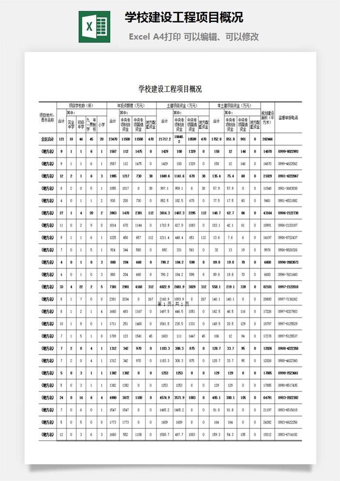 学校建设工程项目概况excel模板