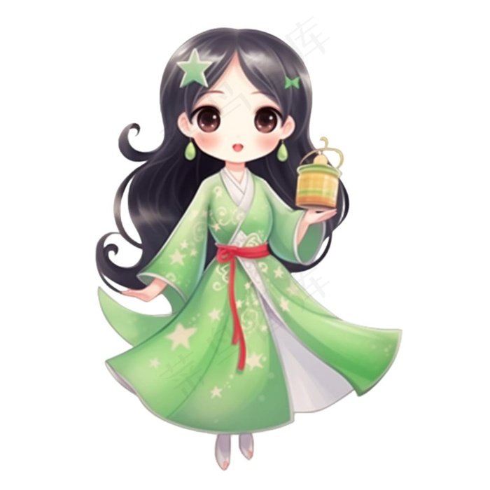 古装少女绿衣裙可爱插画免抠(1024x1024)