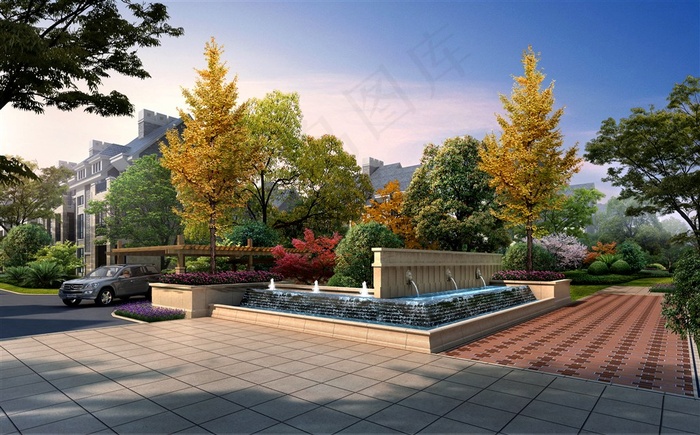 英伦风格景观园林车库水景效果图