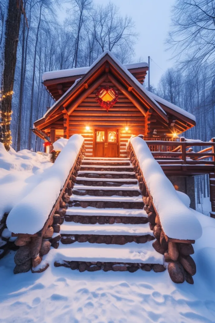 冬天雪景森林小木屋温暖摄影图(2688x4032)