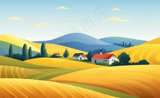 乡村村庄美丽风景河流插画农田插画背景