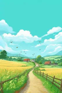 田园小路屋子小麦山脉背景