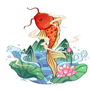 手绘国潮古风喜庆铜钱锦鲤鱼金鱼荷花插画场景装饰PSD设计素