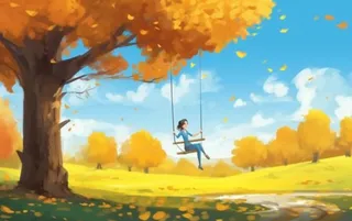 秋天落叶荡秋千的女孩公园插画背景