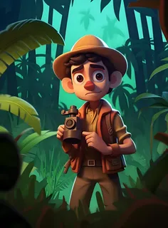 森林探险旅行男孩夜晚3D卡通背景