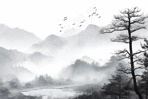 水墨画山水画松树黑白画