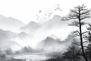 水墨画山水画松树黑白画
