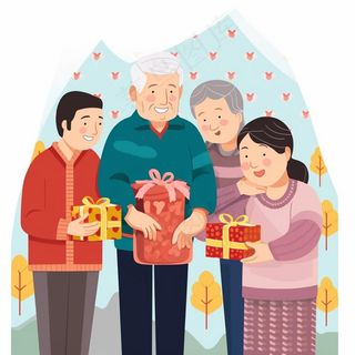 一家人家庭照礼物开心欢乐天伦之乐卡通插画素材背景