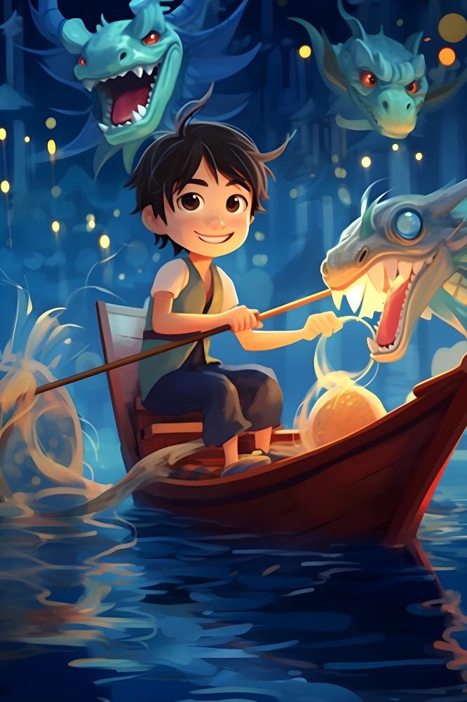 男孩划龙舟灯火龙插画背景