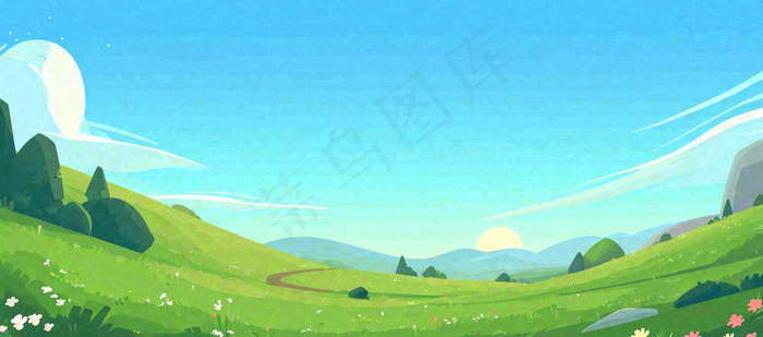 蓝天白云绿植草坪，小草树木清新，春天夏天阳光(1632x720)