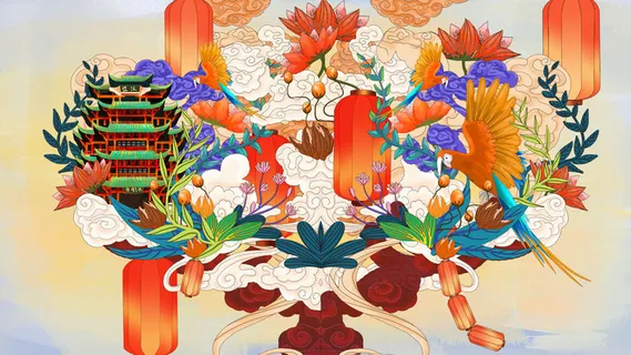 国潮风仙鹤喜鹊凤凰手绘插画