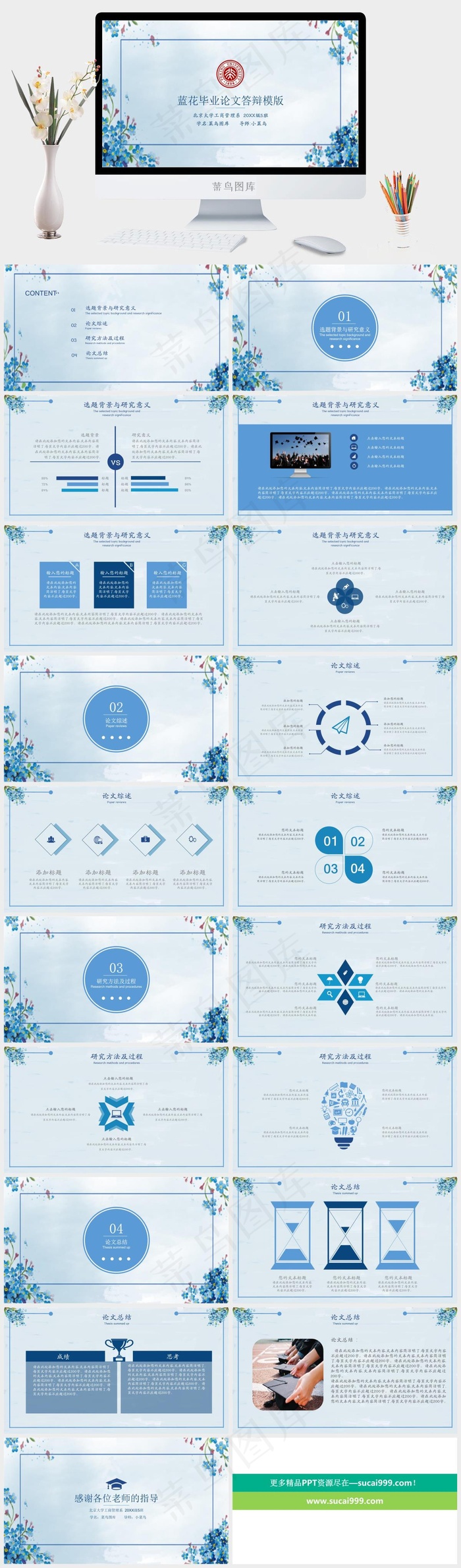 蓝花毕业答辩PPT模板