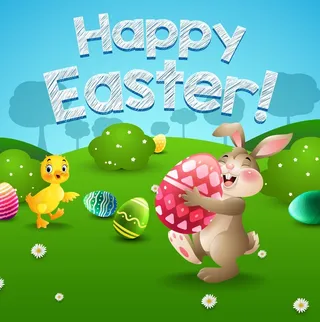 复活节装饰元素手绘插画兔子抱着彩蛋绿植场景