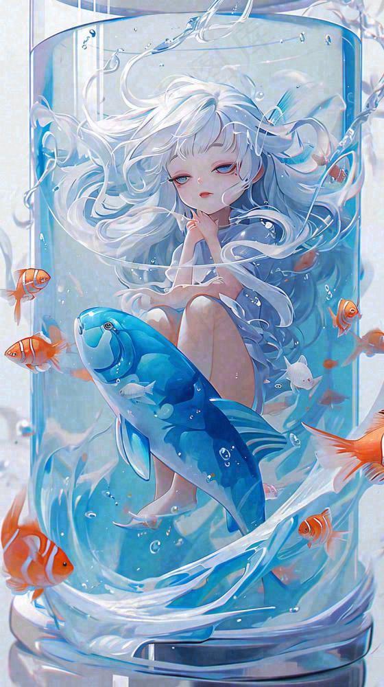 蓝色水面美人鱼，鱼类少女动漫漫画手绘插画(816x1456)