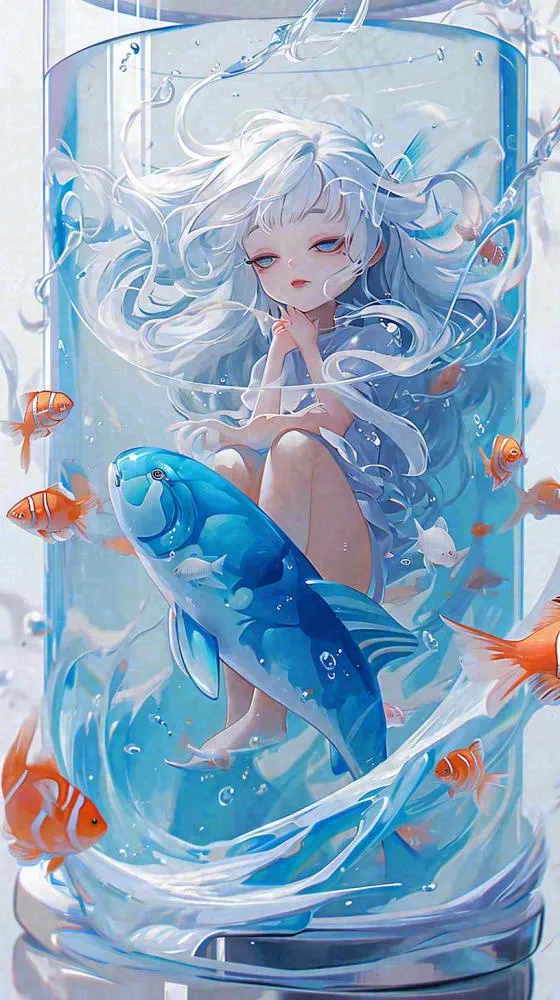 蓝色水面美人鱼，鱼类少女动漫漫画手绘插画(816x1456)