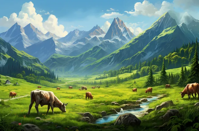 一群奶牛和山羊在山上的绿色草地上插画背景(4080x2688)