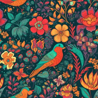 花鸟图，插画风格，无缝贴图，素材