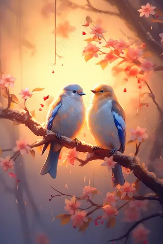 小鸟比翼双飞桃花花树枝头插画背景