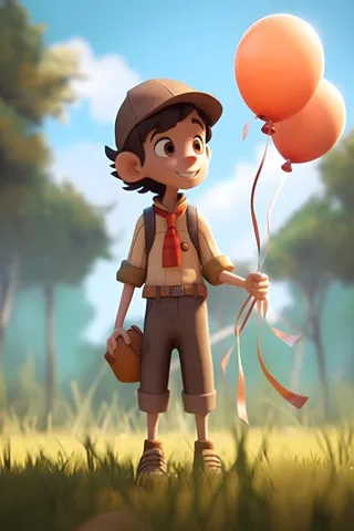 拿着气球的男孩阳光森林草地背景