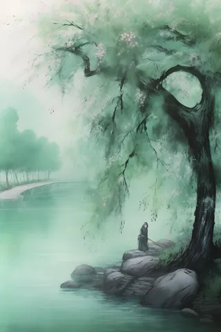 古风淡雅柳叶树青色空灵背景