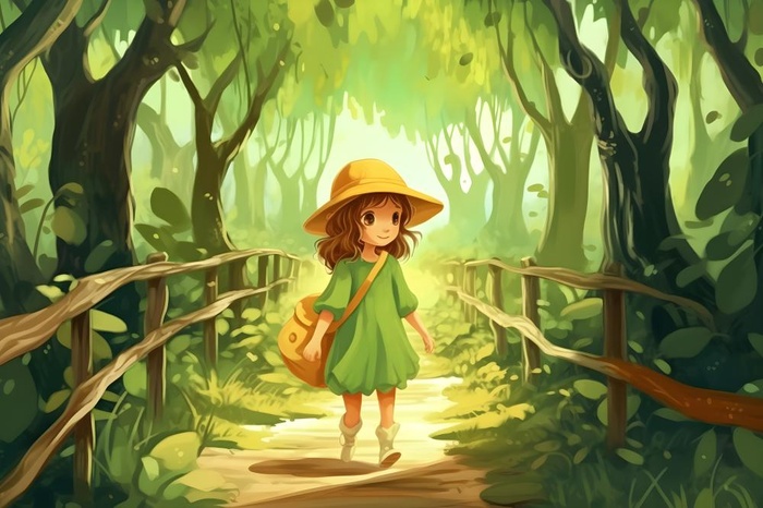 春天小女孩在森林里漫步奔跑草丛花手绘插画素材背景(5376x3584)
