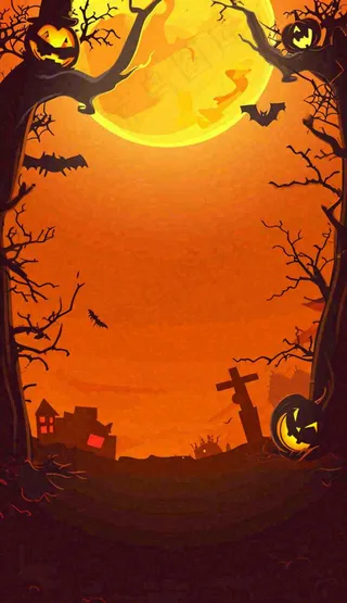 万圣节夜晚恐怖树枝橙黄色暗黑，西方节日