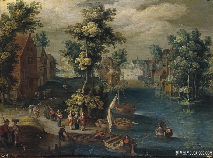 湖畔船唯美风景画油画