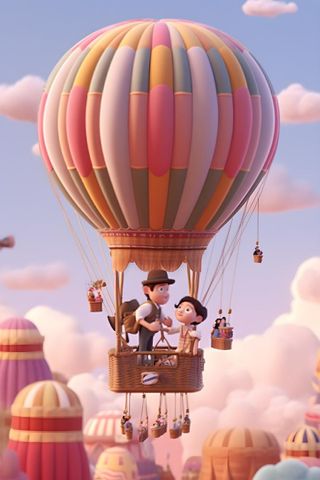 乘坐热气球滑翔粉紫云彩人物动画背景