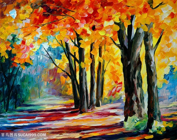 水彩树林道路美景装饰画插画