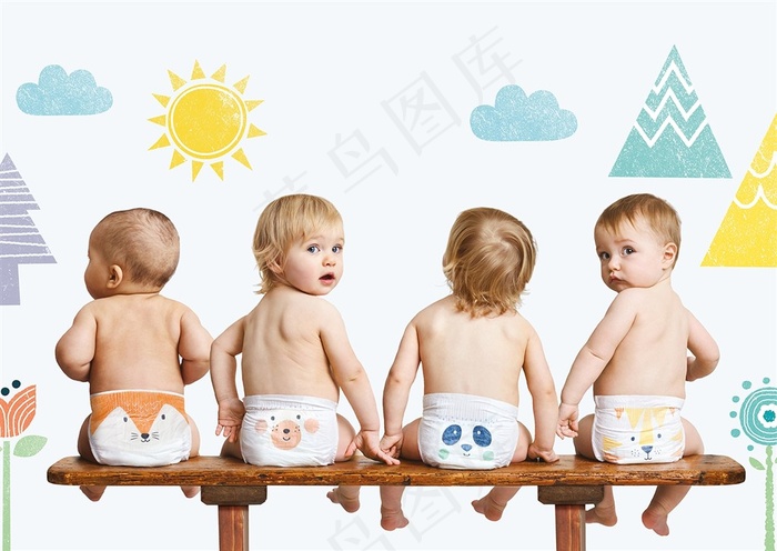 四个穿纸尿裤的可爱宝宝